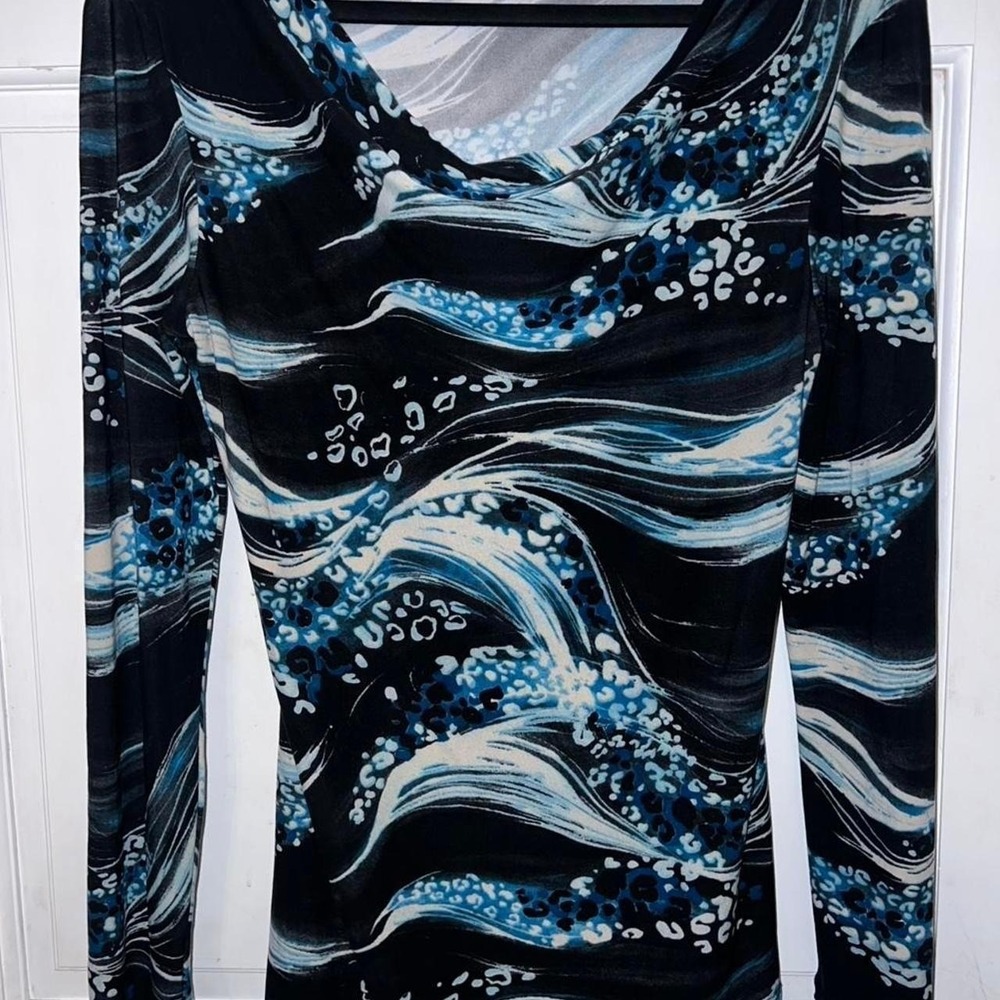 Vintage Suzie Cowl Neck Top Size M Abstract Wave Leopard Print Blue Black - Picture 3 of 6